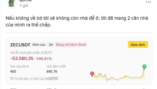 A Vietnamese social media post showing cryptocurrency trading losses with text 'Nếu không về bờ tôi sẽ không còn nhà để ở. tôi đã mang 2 căn nhà của mình ra thế chấp' alongside a ZECUSDT perpetual contract showing a -105.61% loss.