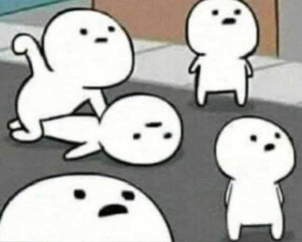 A simple cartoon meme featuring several white, rounded characters with minimalist facial features, with one character appearing to hold or sit on another in a gray setting.
