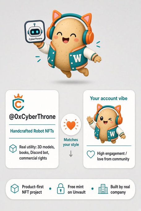 A promotional graphic for '@0xCyberThrone' featuring a cartoon character holding a robot NFT, highlighting 'Handcrafted Robot NFTs', 'Real utility', and 'High engagement / love from community' with tags like 'Product-first NFT project' and 'Free mint on Unvault'.