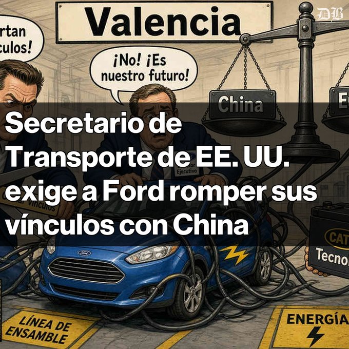 A satirical illustration about Ford and China relations, showing men wrestling over a blue Ford car on an assembly line, with Spanish text about the US Transportation Secretary demanding Ford break ties with China.