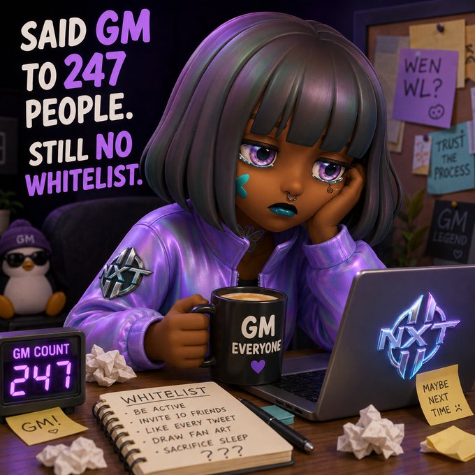 An anime-style character illustration with text reading 'SAID GM TO 247 PEOPLE. STILL NO WHITELIST.' alongside a 'GM COUNT 247' counter and a 'WHITELIST' checklist.
