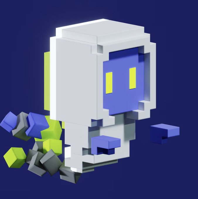 A 3D-rendered, blocky white and blue robot-like character breaking apart into geometric cubes against a dark blue background.