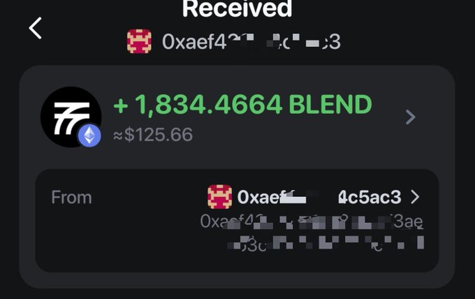 A screenshot of a crypto transaction showing a receipt of '+ 1,834.4664 BLEND' (~$125.66) received from an address starting with '0xaef'.