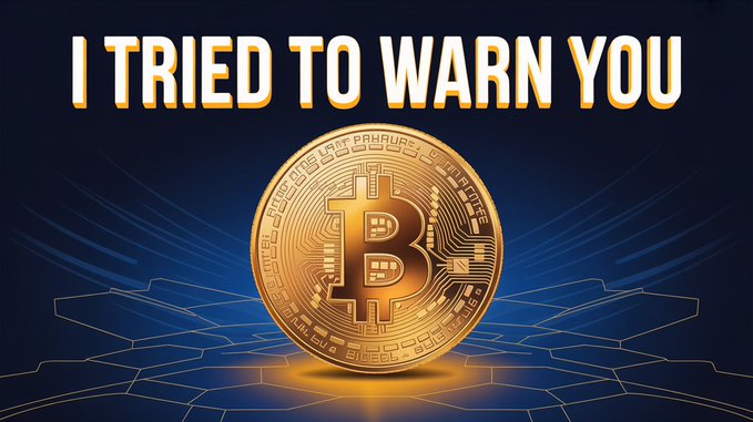 A glowing gold Bitcoin coin appears above a futuristic digital grid beneath the headline “I TRIED TO WARN YOU.” The imagery reinforces the post’s warning of wild cryptocurrency-market swings, with Bitcoin and Ethereum driving altcoin prices.