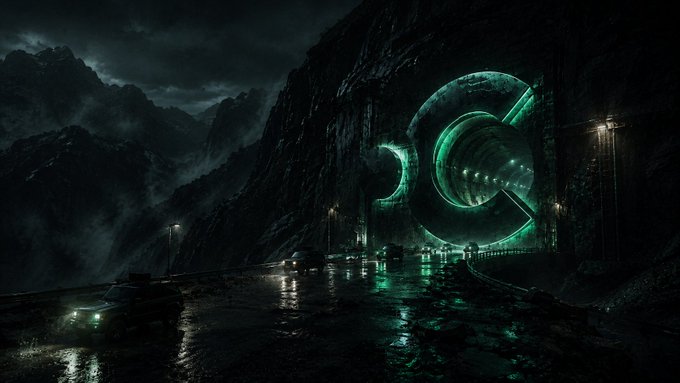 A dark, rainy highway leads into a glowing green-lit tunnel carved into a mountainside, with a few cars traveling along the wet road. The futuristic, mysterious scene evokes the "offchain" crypto brand, suggesting a hidden gateway or secret route — fitting the post's theme of building an alternative offchain trading experience.