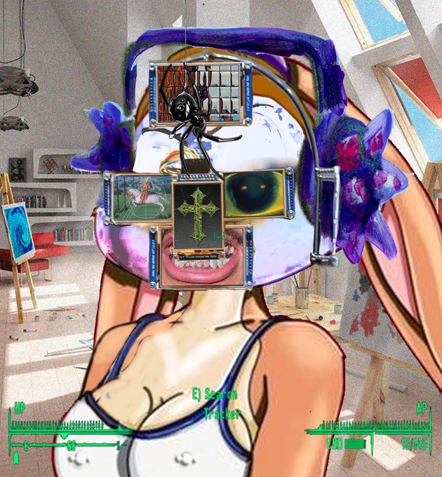 A surreal digital artwork featuring a woman whose head is obscured by various UI elements including a cross, a scroll, and a glowing eye, with green HUD overlays reading 'Search Packet' and 'AP 15/35'.