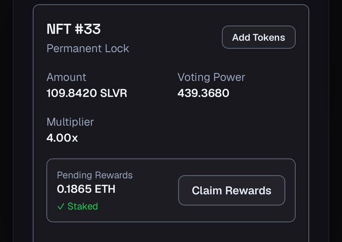 The image shows NFT #33 with a permanent lock of 109.8420 SLVR tokens, yielding a 4.00x multiplier and 439.3680 voting power, along with 0.1865 ETH in pending rewards marked as "Staked." This supports the post's claim of passive income through SLVR staking, as the dashboard displays tangible ETH rewards accumulating from the staked tokens.