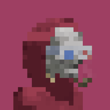 A pixel art illustration depicts a white-haired character wearing a red hood, with a single visible blue eye against a dark pink background.