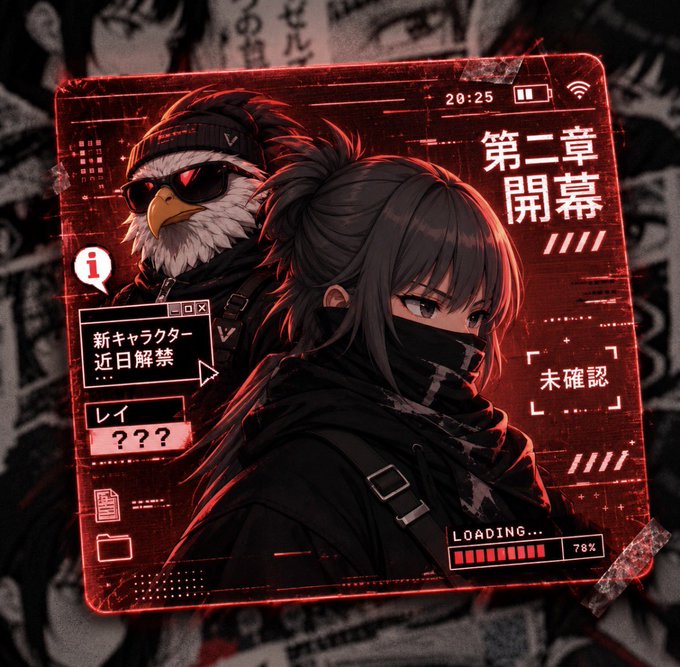 An anime-style digital artwork with a red-tinted interface displays a masked character with long hair alongside a beaked avatar wearing sunglasses, featuring Japanese text including '第二章 開幕' (Chapter 2 Opening) and a 'LOADING...' bar at 78%.