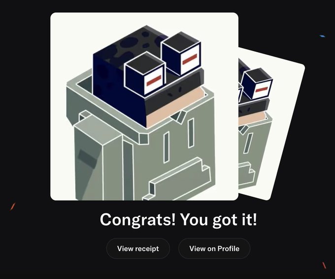 A digital receipt or transaction card featuring an isometric 3D illustration of stacked server racks and equipment in a container, with the text 'Congrats! You got it!' and buttons for 'View receipt' and 'View on Profile'.