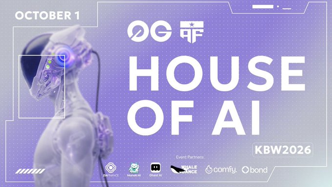 A purple event poster for 'HOUSE OF AI' on October 1 at 'KBW2026', featuring a robot with headphones and event partners including Nvidia, WhaleDance, ComfyUI, and Bond.