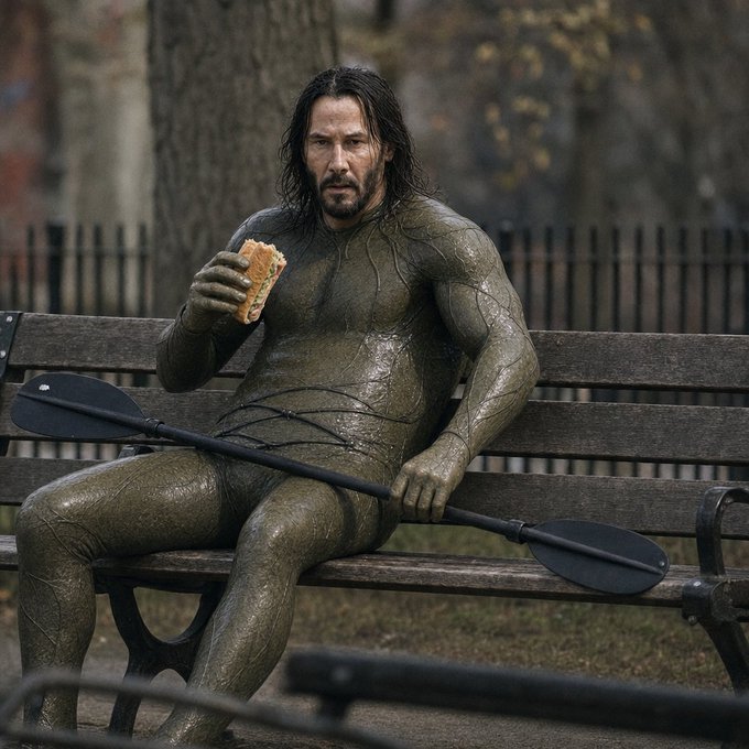 A man resembling Keanu Reeves sits on a park bench covered in mud, holding a paddle and eating a sandwich.