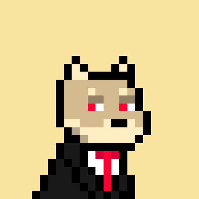 A pixel art illustration of an anthropomorphic dog character wearing a black suit with a white shirt and red tie on a tan background.