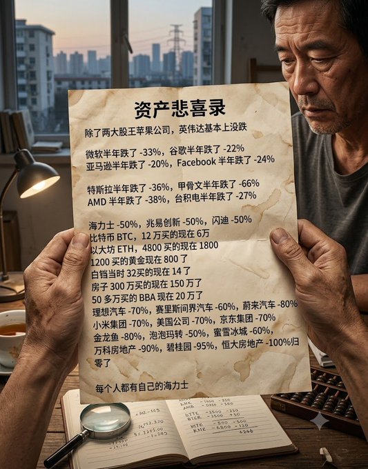A Chinese document titled '资产悲喜录' (Asset Joy and Sorrow Record) listing significant price drops for assets like Microsoft (-33%), Google (-22%), Meta (-20%), Tesla (-36%), Bitcoin, and real estate, with a final note '每个人都有自己海力士' (Everyone has their own Hynix).