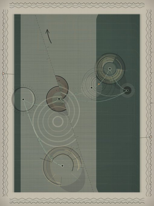 An abstract artwork featuring geometric circular shapes, lines, and a diagonal arrow on a teal-green background, framed with a wavy decorative border.