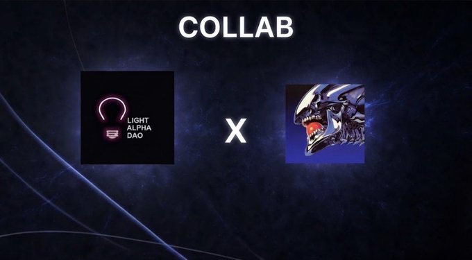 A promotional graphic displays "COLLAB" at the top with "LIGHT ALPHA DAO" logo on the left, an "X" in the middle, and a blue shark illustration on the right.