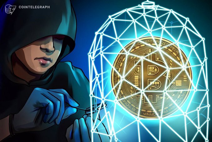 A digital illustration branded with "COINTELEGRAPH" showing a hooded figure whose face is partially visible, manipulating wires or lines near a glowing Bitcoin coin encased in a geometric wireframe sphere against a dark blue background.