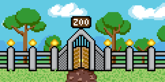 A pixel-art animation still showing a gated zoo entrance with a "ZOO" sign above the door, flanked by trees and lampposts on a grassy field under a blue sky with clouds.