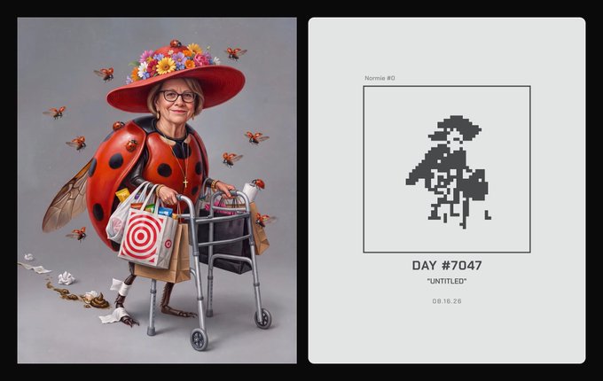 A whimsical portrait of an elderly woman dressed as a ladybug with a flower-adorned red hat and shopping bags, beside a pixel art 'Nonnie #0' labeled DAY #7047 'UNTITLED' dated 09.16.26.