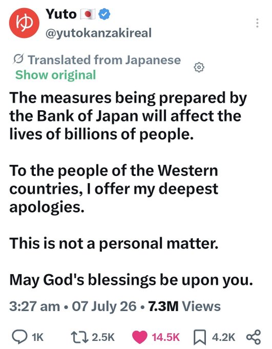 A screenshot of a tweet from 'Yuto @yutokanzakireal' with 7.3M views, warning about Bank of Japan measures and apologizing to Western countries.