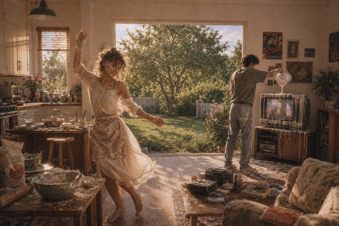 A cinematic scene of a woman in a flowery dress dancing joyfully in a messy kitchen while a man pours white liquid on a TV in the adjacent living room, with scattered debris and an open door revealing a sunny garden.