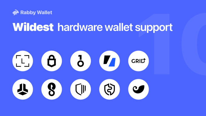 A Rabby Wallet promotional graphic on a purple background highlights its "Wildest hardware wallet support" with a 10 hardware wallet brand logos arranged in two rows, visually reinforcing the message that users can plug in any of their preferred devices to access everything on-chain.