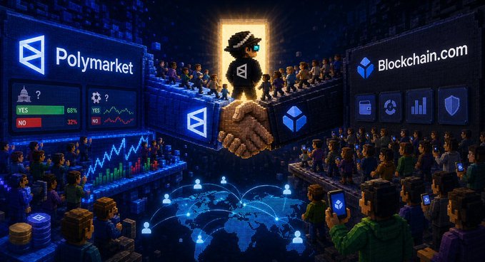 A digital illustration depicting a futuristic blockchain arena with 'Polymarket' and 'Blockchain.com' branding, featuring crowds of people, prediction market tickers (YES/NO), and a handshake symbolizing a partnership.