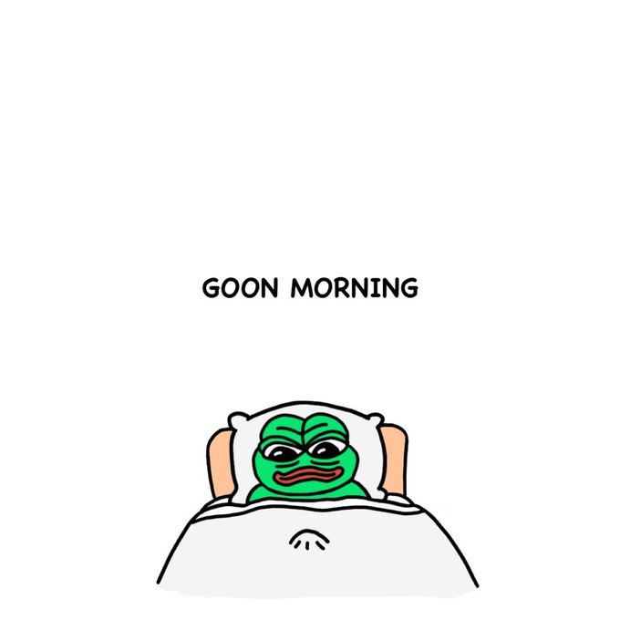 A cartoon illustration of Pepe the Frog in bed with the text "GOON MORNING" displayed above him.