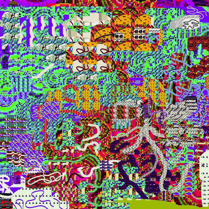 A chaotic, psychedelic digital artwork featuring vibrant pixelated patterns in green, purple, and orange, with abstract shapes and fragmented text-like elements.
