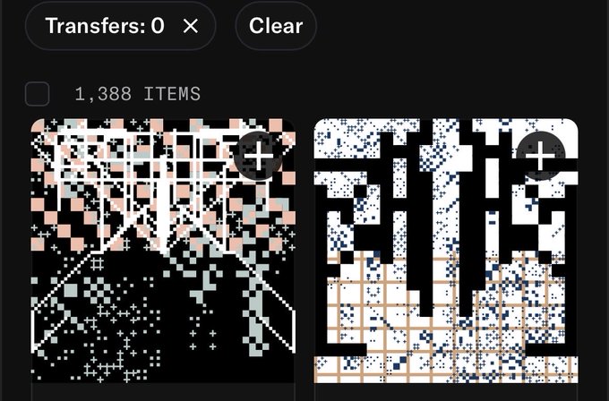 A digital interface showing 'Transfers: 0' and '1,388 ITEMS' with two abstract pixelated graphic designs.