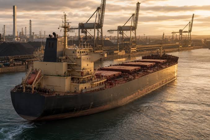 An aerial view of a large cargo ship loaded with containers docked at an industrial port at sunset, with cranes and refinery structures visible in the background.