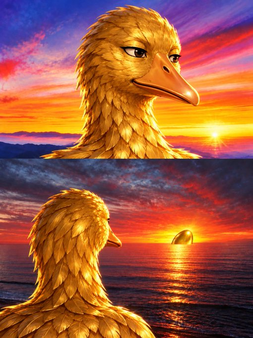 A two-part illustration showing a golden eagle-like creature with a beak, depicted against a vibrant orange and purple sunset, with the top showing a front-facing view and the bottom showing a back view looking out at the sun over water.