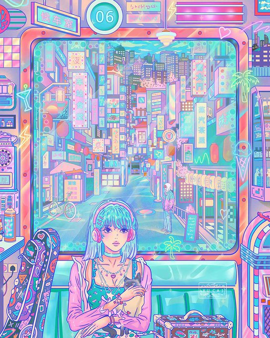 Vibrant cyberpunk-style illustration of a blue-haired girl with headphones sitting in a train car, looking out at a neon-lit futuristic cityscape with Japanese signage.