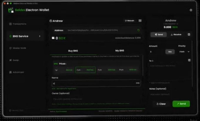 Screenshot of the Beldex Electron Wallet application showing a 'BNS Service' (Beldex Name Service) interface where the user can buy BNS names with BDX cryptocurrency, displaying pricing tiers (3, 5, and 600 BNS) and a balance of 0.000 BDX.