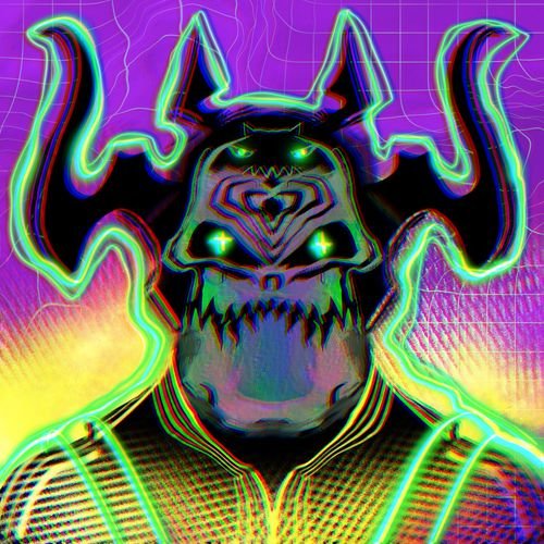 A vibrant, psychedelic digital artwork of a menacing, horned creature or mask with glowing green eyes and sharp teeth, set against a distorted, colorful background.