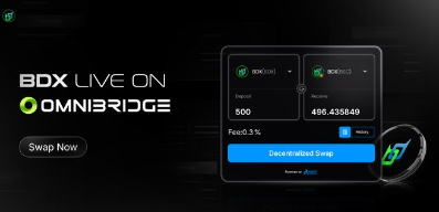 A promotional graphic for BOX LIVE ON OMNIBRIDGE, featuring a swap interface where 500 BOX tokens can be exchanged for approximately 496,435,649 WCRO at a 0.3% fee, powered by MM Finance.