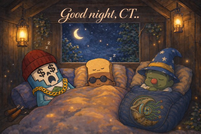 A cozy illustrated scene with 'Good night, CT..' text shows cartoon characters—a money-faced figure with a gold chain, a bread loaf with sunglasses, and a green wizard—sleeping in bed under a starry night sky with a crescent moon.