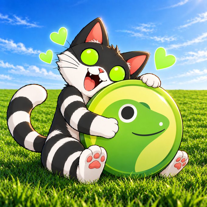 A cartoonish black-and-white cat with bright green eyes happily hugs a large green coin featuring a smiling frog face, sitting on a lush grassy field under a blue sky with heart emojis floating around, visually celebrating the $NEKO token listing on CoinGecko.