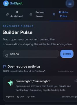 A screenshot of the SolSpot app displaying the 'Builder Pulse' section, showing developer signals and open-source activity for 'solana', including a repository for 'hummingbot/hummingbot'.