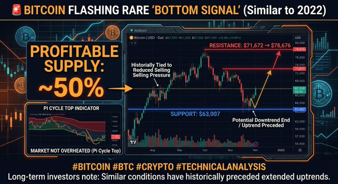 The image is a Bitcoin technical analysis graphic highlighting a rare "bottom signal" similar to 2022, displaying a BTC/USD price chart with support at $63,007 and resistance between $71,672-$78,676, along with a Pi Cycle Top indicator showing the market is not overheated. Key callouts note that profitable supply has dropped to ~50%—historically tied to reduced selling pressure—and that long-term investors have historically seen extended uptrends following similar conditions.