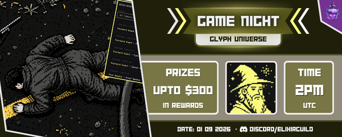 A promotional banner for 'GAME NIGHT GLYPH UNIVERSE' offering prizes up to $300 in rewards at 2PM UTC, with a Discord link to /ELIXIRGUILD.