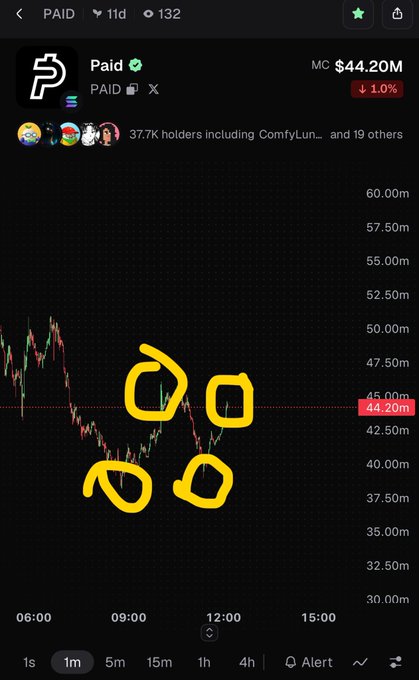 A cryptocurrency chart for the token 'Paid' displays a current value of $44.20m alongside a yellow, hand-drawn style logo.