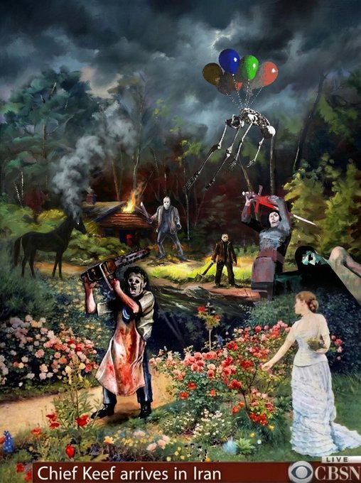 A satirical news illustration titled 'Chief Keef arrives in Iran', depicting horror movie villains in a flower garden with a CBS News 'LIVE' ticker.