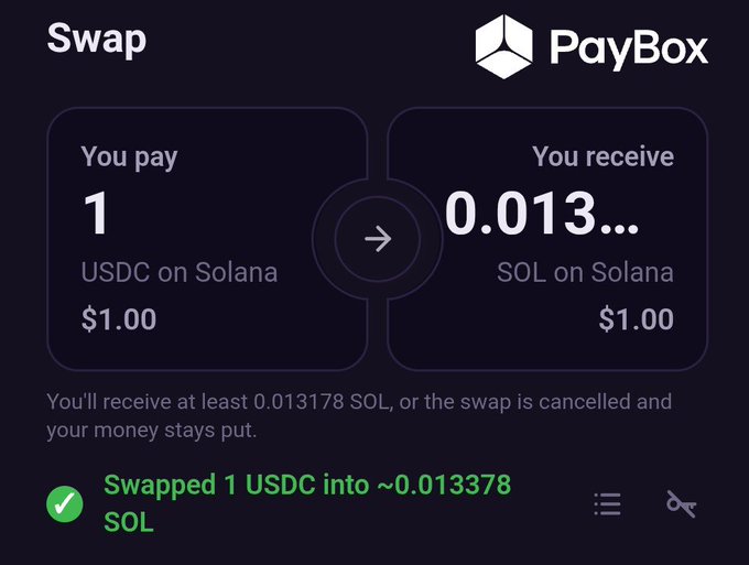 A PayBox cryptocurrency swap interface showing an exchange of 1 USDC on Solana for approximately 0.013378 SOL on Solana, with both valued at $1.00.