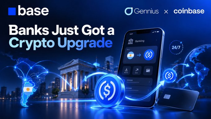 A promotional graphic for Base featuring 'Banks Just Got a Crypto Upgrade' with Gennius × Coinbase branding, showing a banking app interface with dollar signs and a global network.