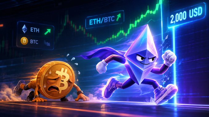 A cartoon-style crypto illustration showing an Ethereum character triumphantly running away from a fallen Bitcoin character, with ETH/BTC and ETH/BTC prices displayed in the background showing 2,000 USD.