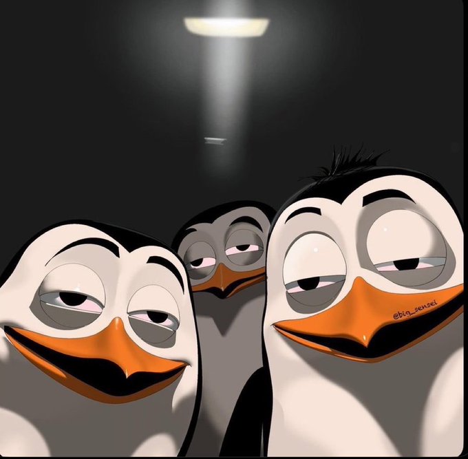 Three cartoon penguins with smug, half-closed eyes stare directly at the viewer under a single spotlight, with a watermark reading '@big_sensei' on the right penguin's beak.