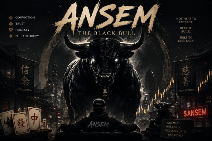 A dark, dramatic graphic titled 'ANSEM THE BLACK BULL' featuring a black bull with glowing eyes, listing values like CONVICTION, TRUST, HONESTY, and PHILANTHROPY, with a seated figure wearing an ANSEM jacket in the foreground.