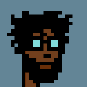A pixel art portrait of a dark-skinned figure with black hair and bright cyan eyes against a blue background.