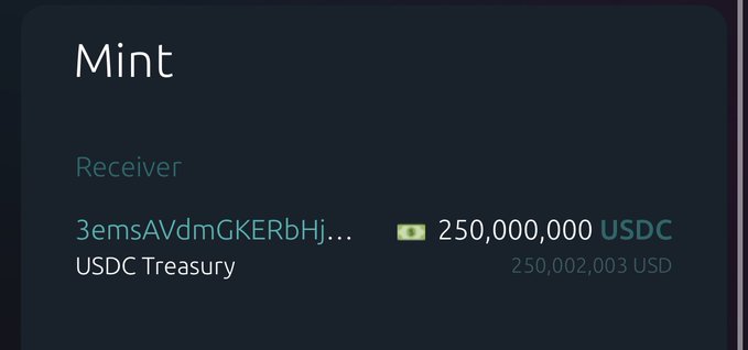 A 'Mint' transaction screen showing 250,000,000 USDC being minted from the USDC Treasury to a receiver address beginning with '3emsAVdm'.